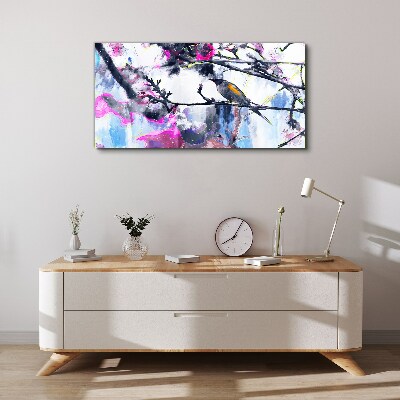 Schilderij op doek Een kleurrijke vogel tegen een achtergrond van bloemen