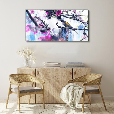 Schilderij op doek Een kleurrijke vogel tegen een achtergrond van bloemen