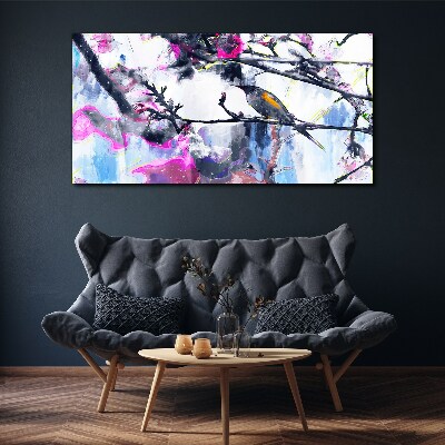 Schilderij op doek Een kleurrijke vogel tegen een achtergrond van bloemen