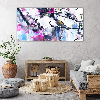 Schilderij op doek Een kleurrijke vogel tegen een achtergrond van bloemen