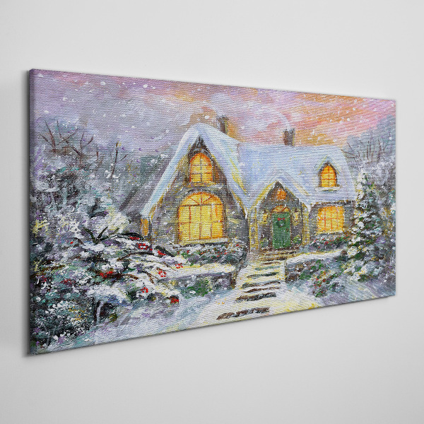 Foto op canvas Winterlandschap met een huis in het bos