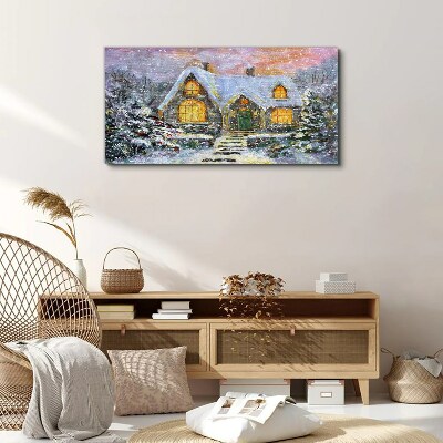 Foto op canvas Winterlandschap met een huis in het bos