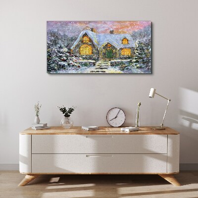 Foto op canvas Winterlandschap met een huis in het bos