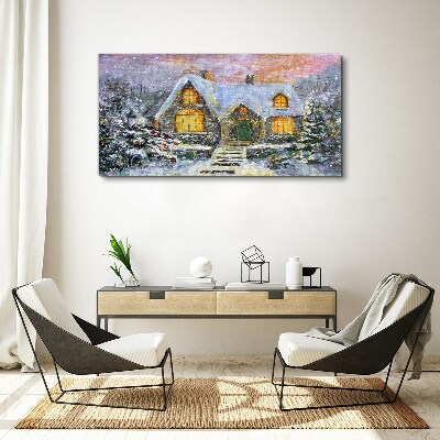 Foto op canvas Winterlandschap met een huis in het bos