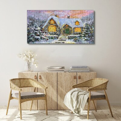 Foto op canvas Winterlandschap met een huis in het bos