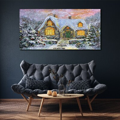 Foto op canvas Winterlandschap met een huis in het bos