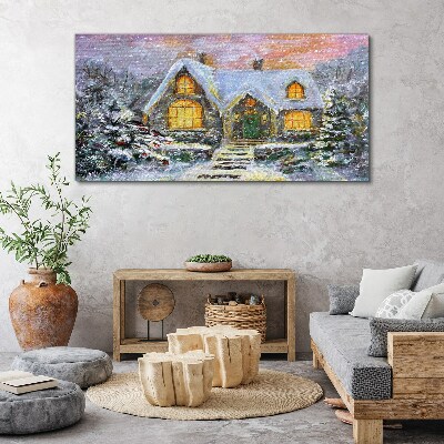 Foto op canvas Winterlandschap met een huis in het bos