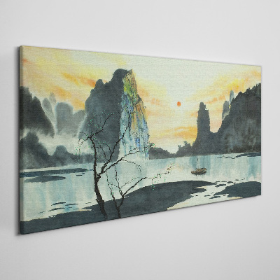 Foto op canvas Een vredig landschap met een berg en een boot