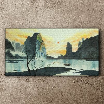 Foto op canvas Een vredig landschap met een berg en een boot