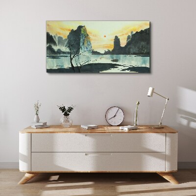 Foto op canvas Een vredig landschap met een berg en een boot