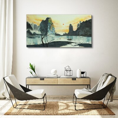 Foto op canvas Een vredig landschap met een berg en een boot