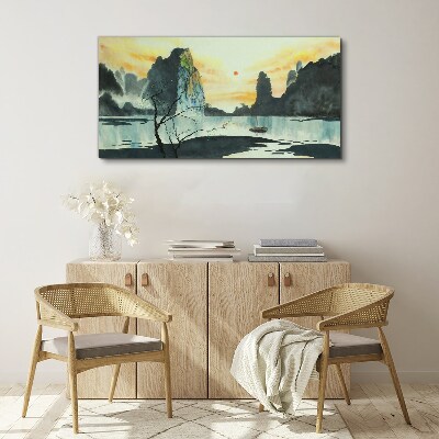 Foto op canvas Een vredig landschap met een berg en een boot