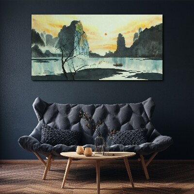 Foto op canvas Een vredig landschap met een berg en een boot