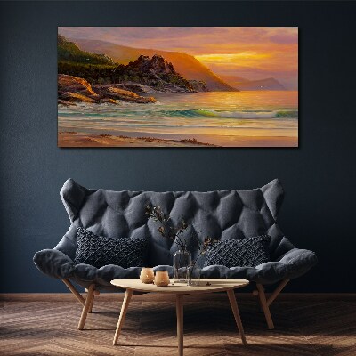 Foto op canvas Zonsondergang over de bergkust