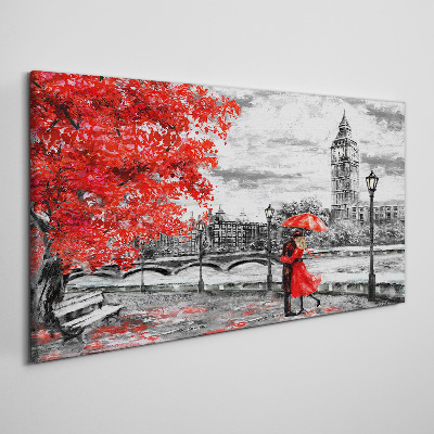 Canvas schilderij Rode paraplu in regenachtig Londen