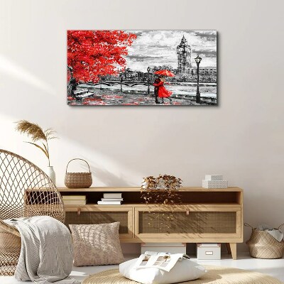 Canvas schilderij Rode paraplu in regenachtig Londen