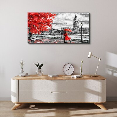 Canvas schilderij Rode paraplu in regenachtig Londen