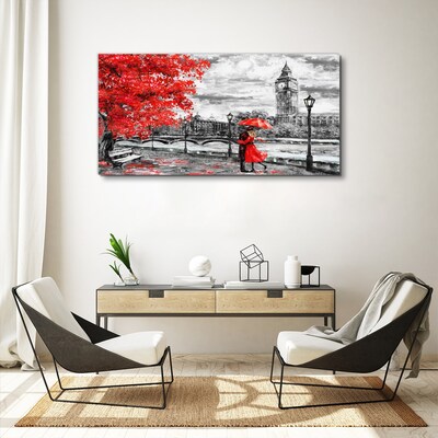 Canvas schilderij Rode paraplu in regenachtig Londen