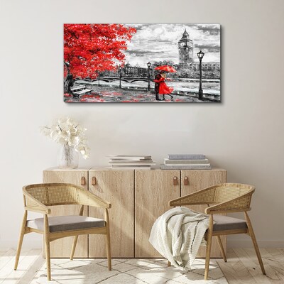 Canvas schilderij Rode paraplu in regenachtig Londen