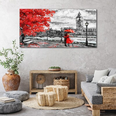 Canvas schilderij Rode paraplu in regenachtig Londen