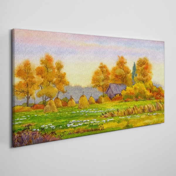 Foto op canvas Herfstdorp met boomgaard en hooibergen