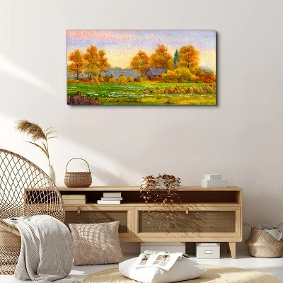 Foto op canvas Herfstdorp met boomgaard en hooibergen
