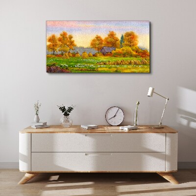 Foto op canvas Herfstdorp met boomgaard en hooibergen