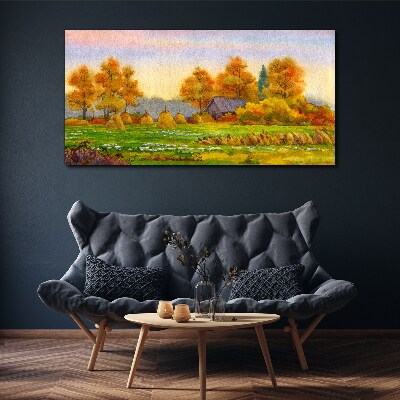 Foto op canvas Herfstdorp met boomgaard en hooibergen