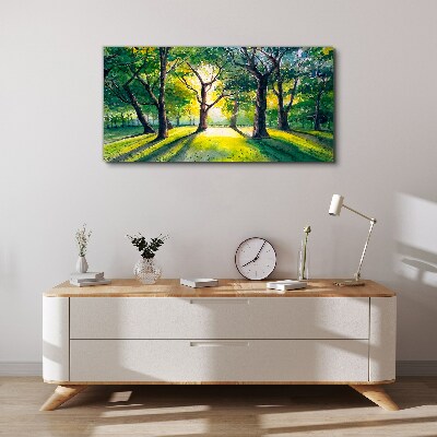 Foto op canvas Gouden stralen in het bos