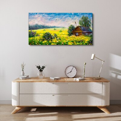 Schilderij op doek Zomerlandschappen met een huisje in het veld