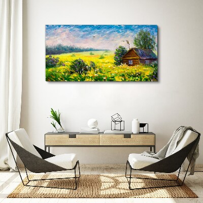 Schilderij op doek Zomerlandschappen met een huisje in het veld