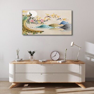 Schilderij op doek Pauw in bloeiend landschap