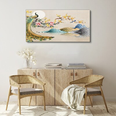 Schilderij op doek Pauw in bloeiend landschap