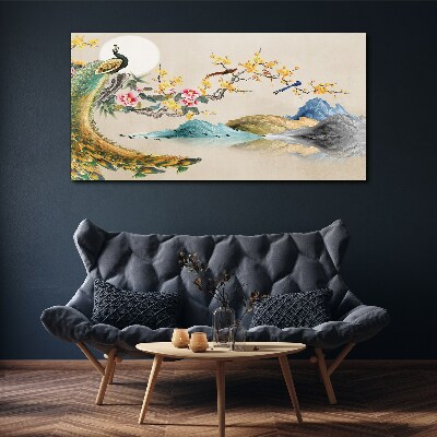 Schilderij op doek Pauw in bloeiend landschap