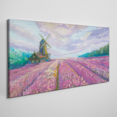 Foto op canvas Bloemenlandschap met een windmolen