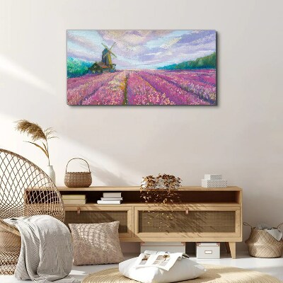 Foto op canvas Bloemenlandschap met een windmolen