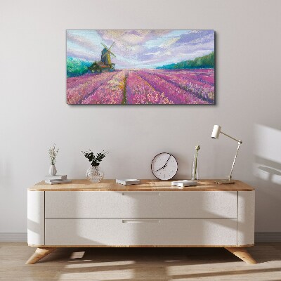 Foto op canvas Bloemenlandschap met een windmolen
