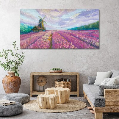 Foto op canvas Bloemenlandschap met een windmolen