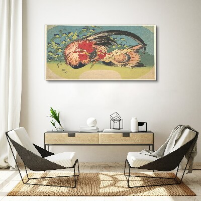 Schilderij op doek Haan en kip in de tuin