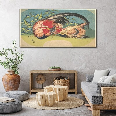 Schilderij op doek Haan en kip in de tuin