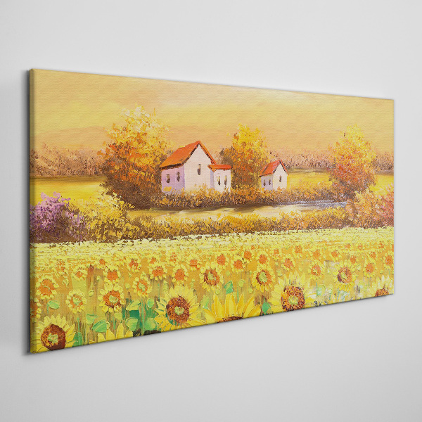 Canvas schilderij Zonnebloemvelden en landhuizen
