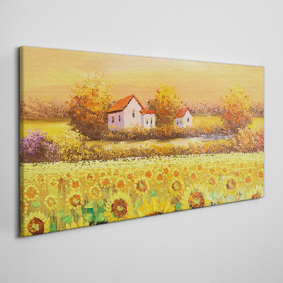 Canvas schilderij Zonnebloemvelden en landhuizen