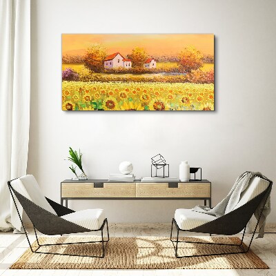 Canvas schilderij Zonnebloemvelden en landhuizen