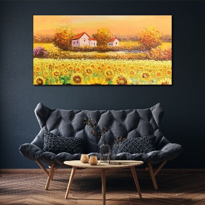 Canvas schilderij Zonnebloemvelden en landhuizen