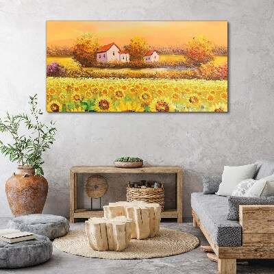 Canvas schilderij Zonnebloemvelden en landhuizen