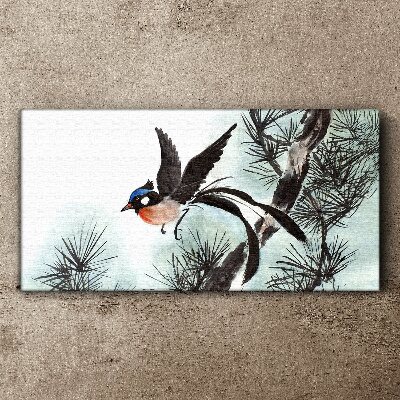 Foto op canvas Een vogel in vlucht over de dennen