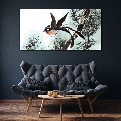 Foto op canvas Een vogel in vlucht over de dennen