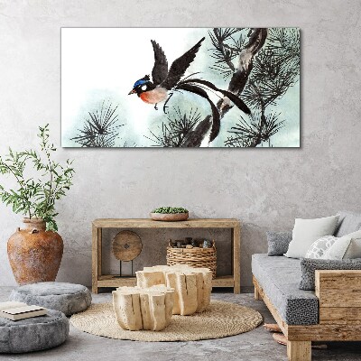 Foto op canvas Een vogel in vlucht over de dennen