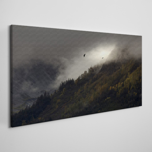 Foto op canvas Mistig bergpanorama met vogels