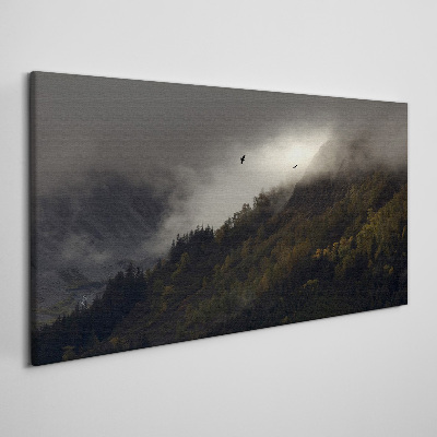 Foto op canvas Mistig bergpanorama met vogels